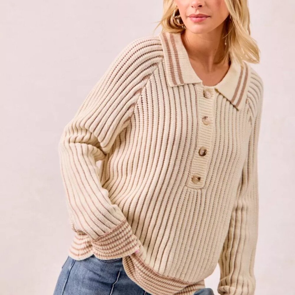 BiBi‎ Half Button Ribbed Two Tone Sweater - Picture 3 of 16